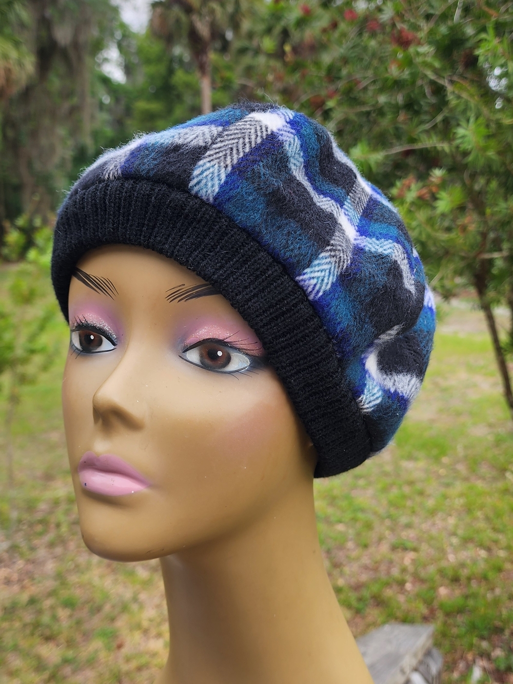 Cozy Blue Plaid Wool Beret with Black Cuff